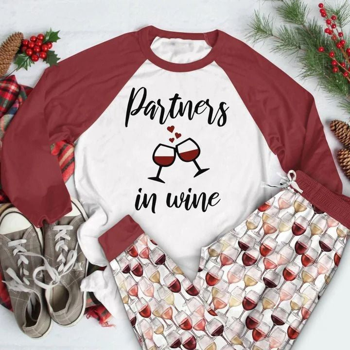 Wine Partners In Wine Aak Pajama Set |Sleepwear Pjs Sets | Raglan Shirt Pants Set