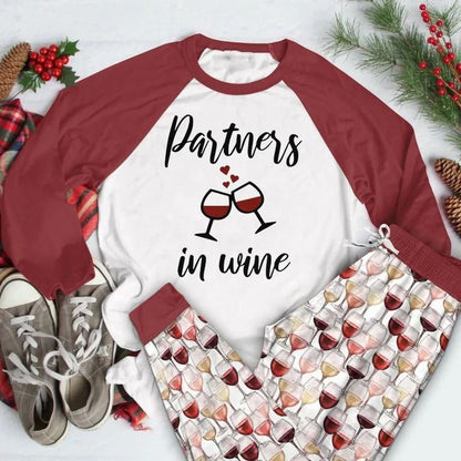 Wine Partners In Wine Aak Pajama Set |Sleepwear Pjs Sets | Raglan Shirt Pants Set