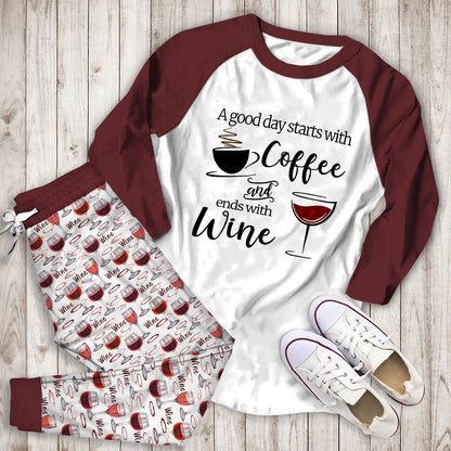 Wine A Good Day Acf Pajama Set |Sleepwear Pjs Sets | Raglan Shirt Pants Set