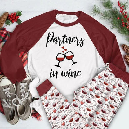 Wine Partners In Wine Aak Pajama Set |Sleepwear Pjs Sets | Raglan Shirt Pants Set