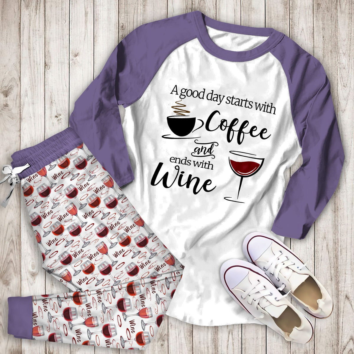 Wine A Good Day Acf Pajama Set |Sleepwear Pjs Sets | Raglan Shirt Pants Set