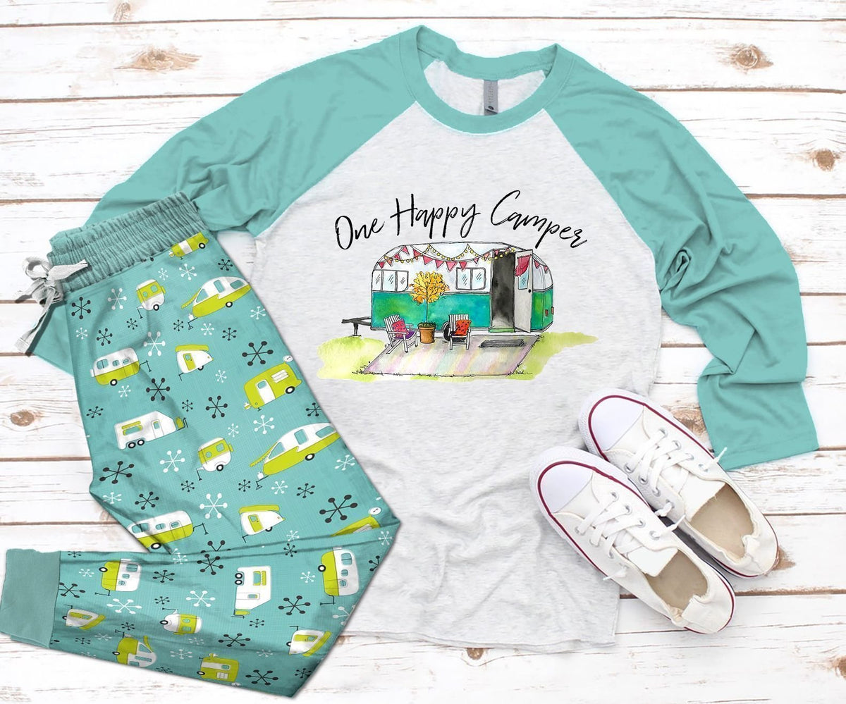 Camping One Happy Camper Pajama Set |Sleepwear Pjs Sets | Raglan Shirt Pants Set