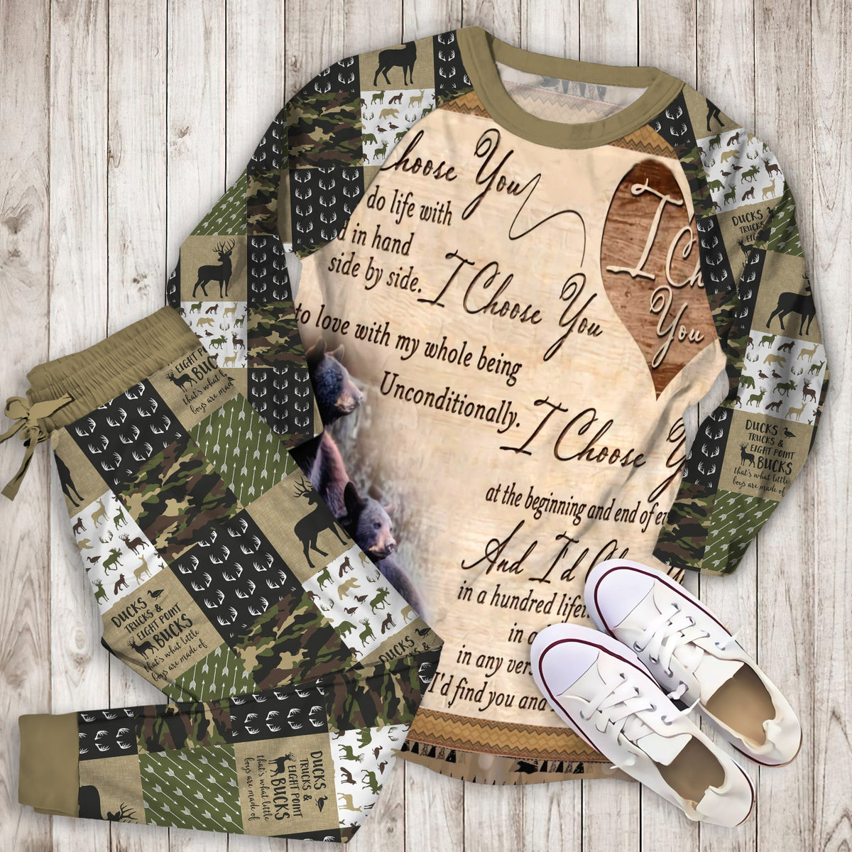 Hunting Black Bear Couple I Choose You Pajama Set |Sleepwear Pjs Sets | Raglan Shirt Pants Set