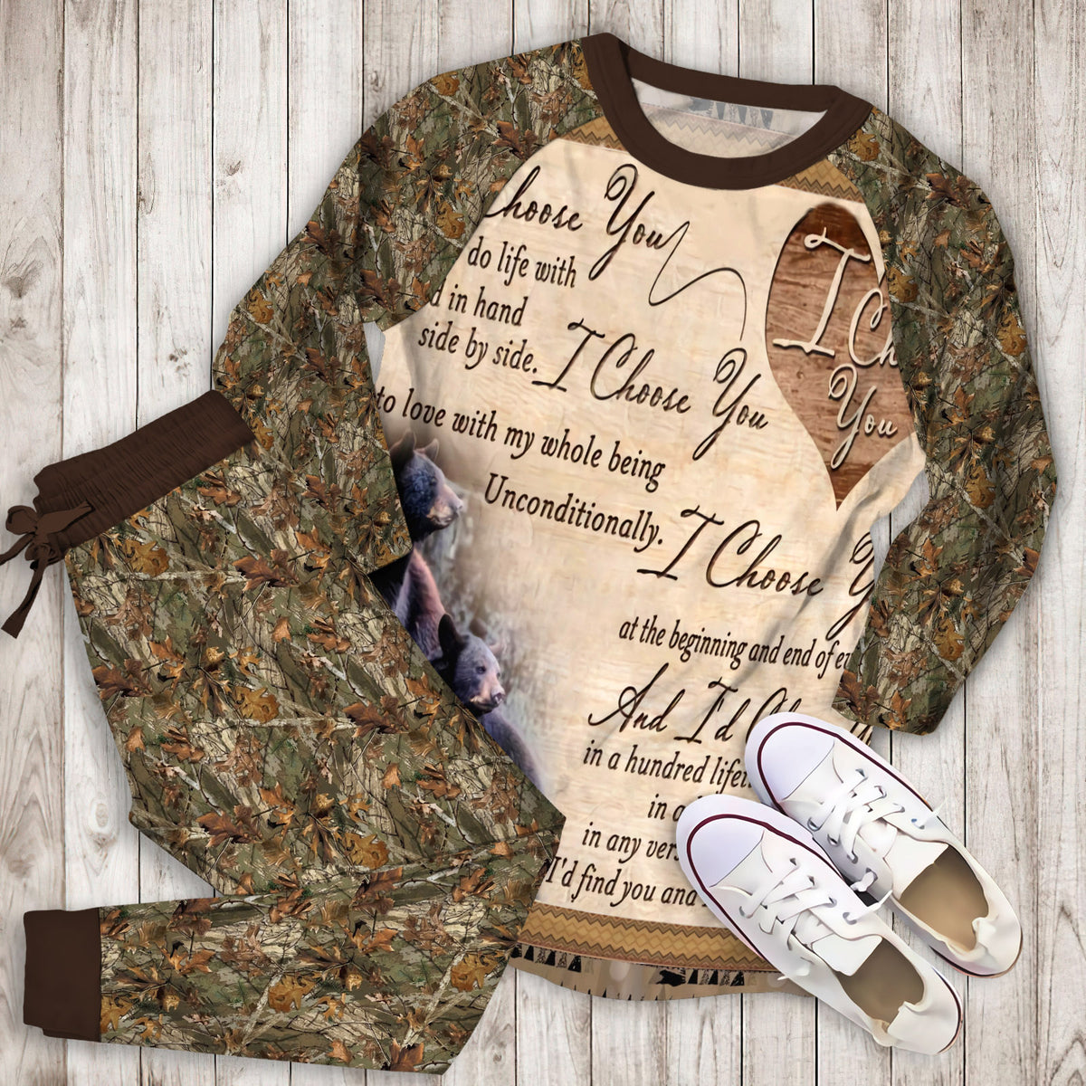 Hunting Black Bear Couple I Choose You Pajama Set |Sleepwear Pjs Sets | Raglan Shirt Pants Set