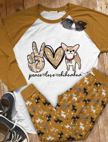 Chihuahua Peace Love Chihuahua Acl Pajama Set |Sleepwear Pjs Sets | Raglan Shirt Pants Set