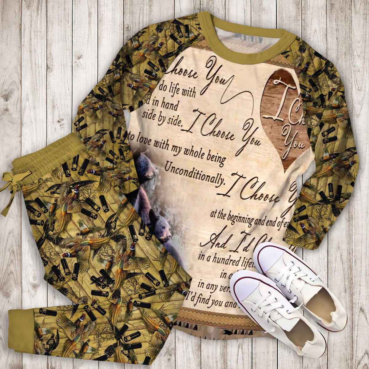 Hunting Black Bear Couple I Choose You Pajama Set |Sleepwear Pjs Sets | Raglan Shirt Pants Set