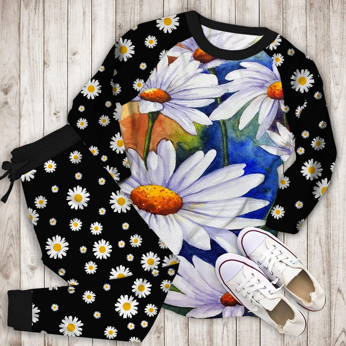 Daisy Flowers Pajama Set |Sleepwear Pjs Sets | Raglan Shirt Pants Set