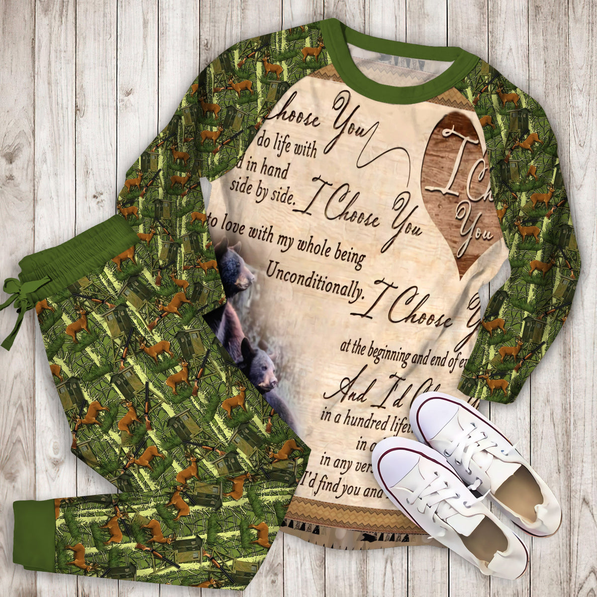 Hunting Black Bear Couple I Choose You Pajama Set |Sleepwear Pjs Sets | Raglan Shirt Pants Set