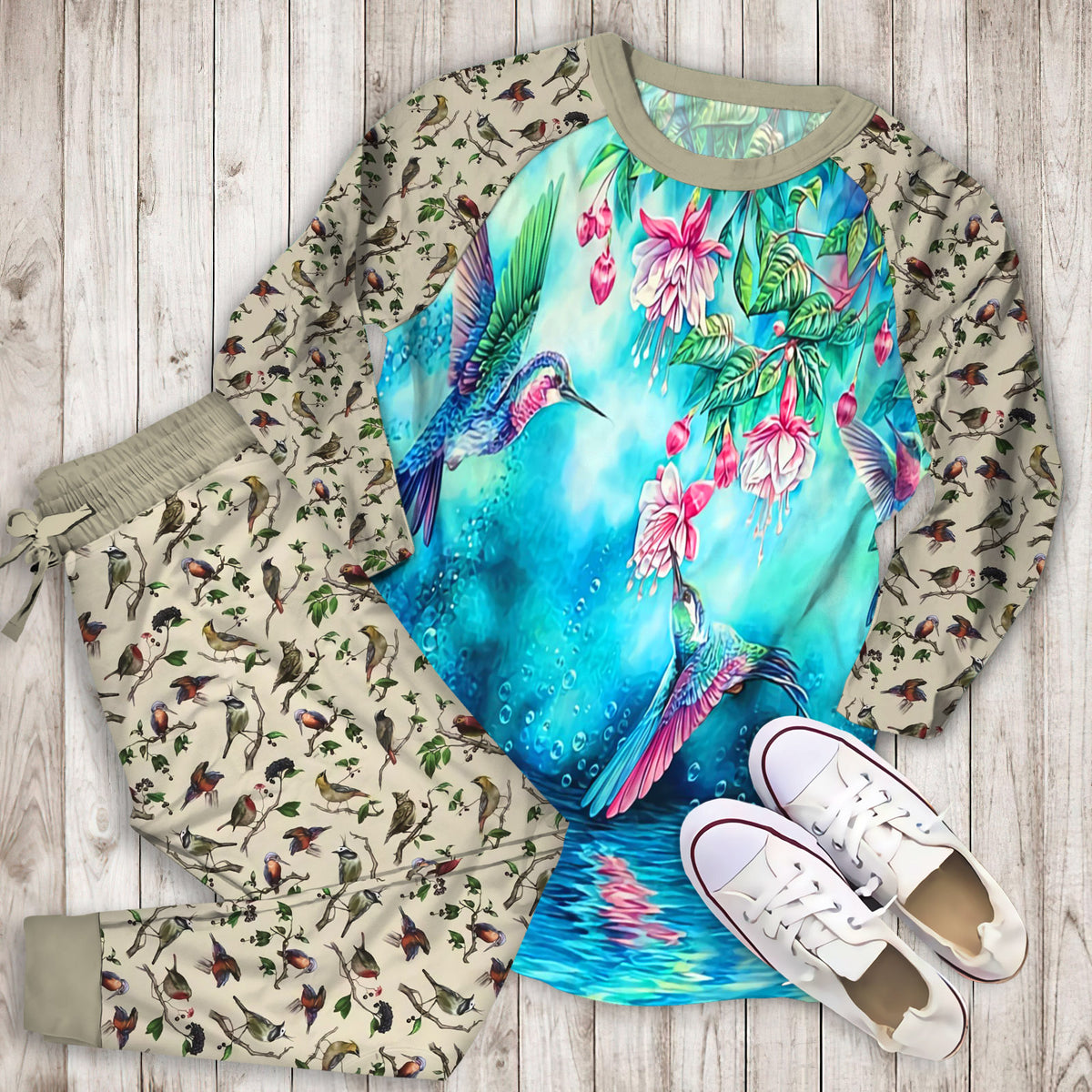 Hummingbirds And Bubbles Pajama Set |Sleepwear Pjs Sets | Raglan Shirt Pants Set