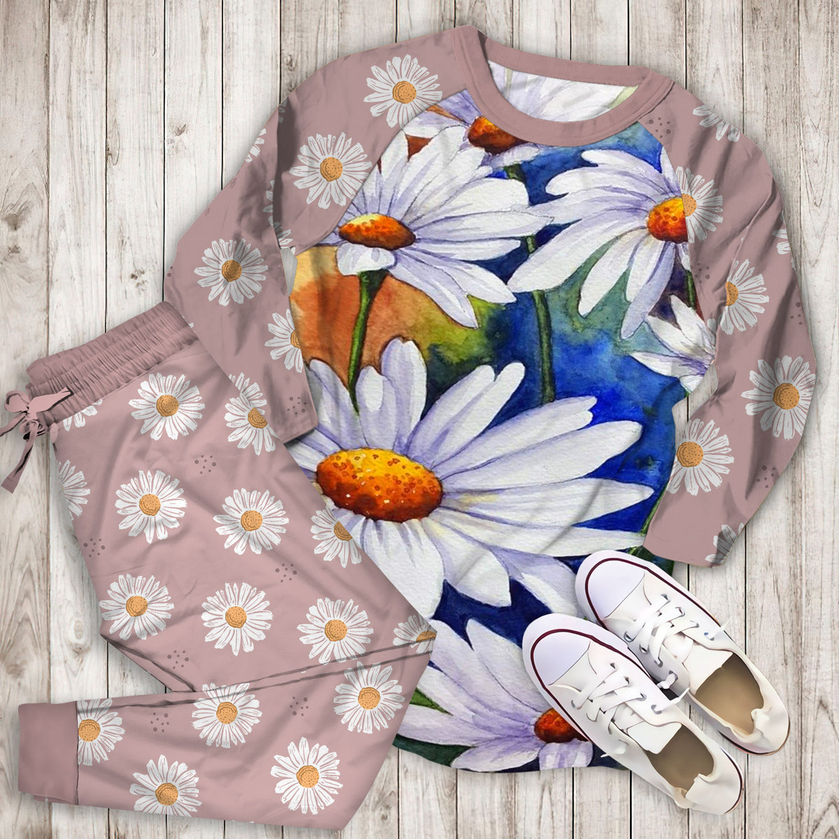 Daisy Flowers Pajama Set |Sleepwear Pjs Sets | Raglan Shirt Pants Set
