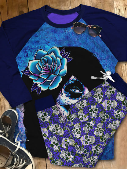 Day Of The Dead Happy Sugar Skull Pajama Set |Sleepwear Pjs Sets | Raglan Shirt Pants Set