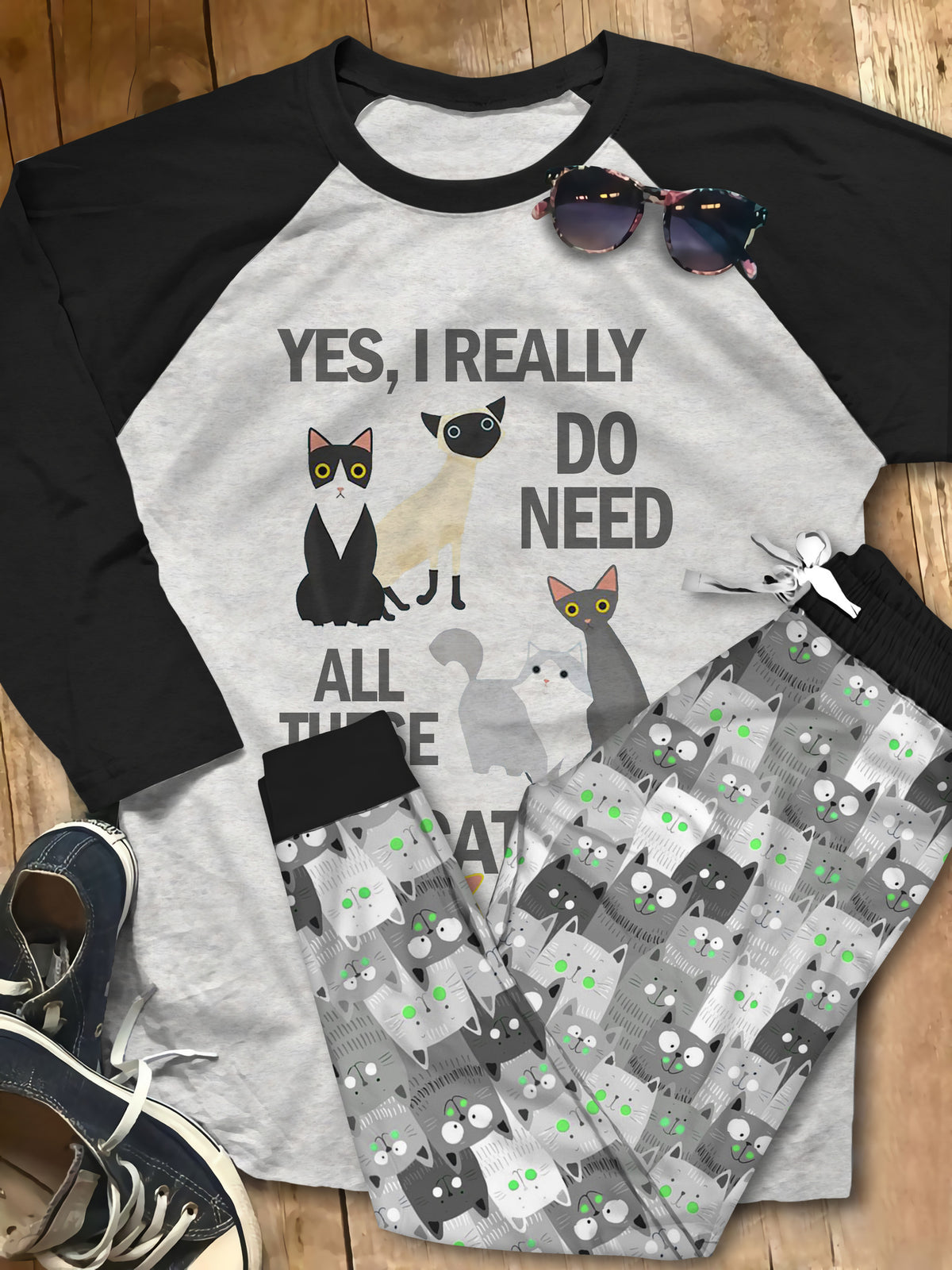 Cat Need All These Cat Pajama Set |Sleepwear Pjs Sets | Raglan Shirt Pants Set