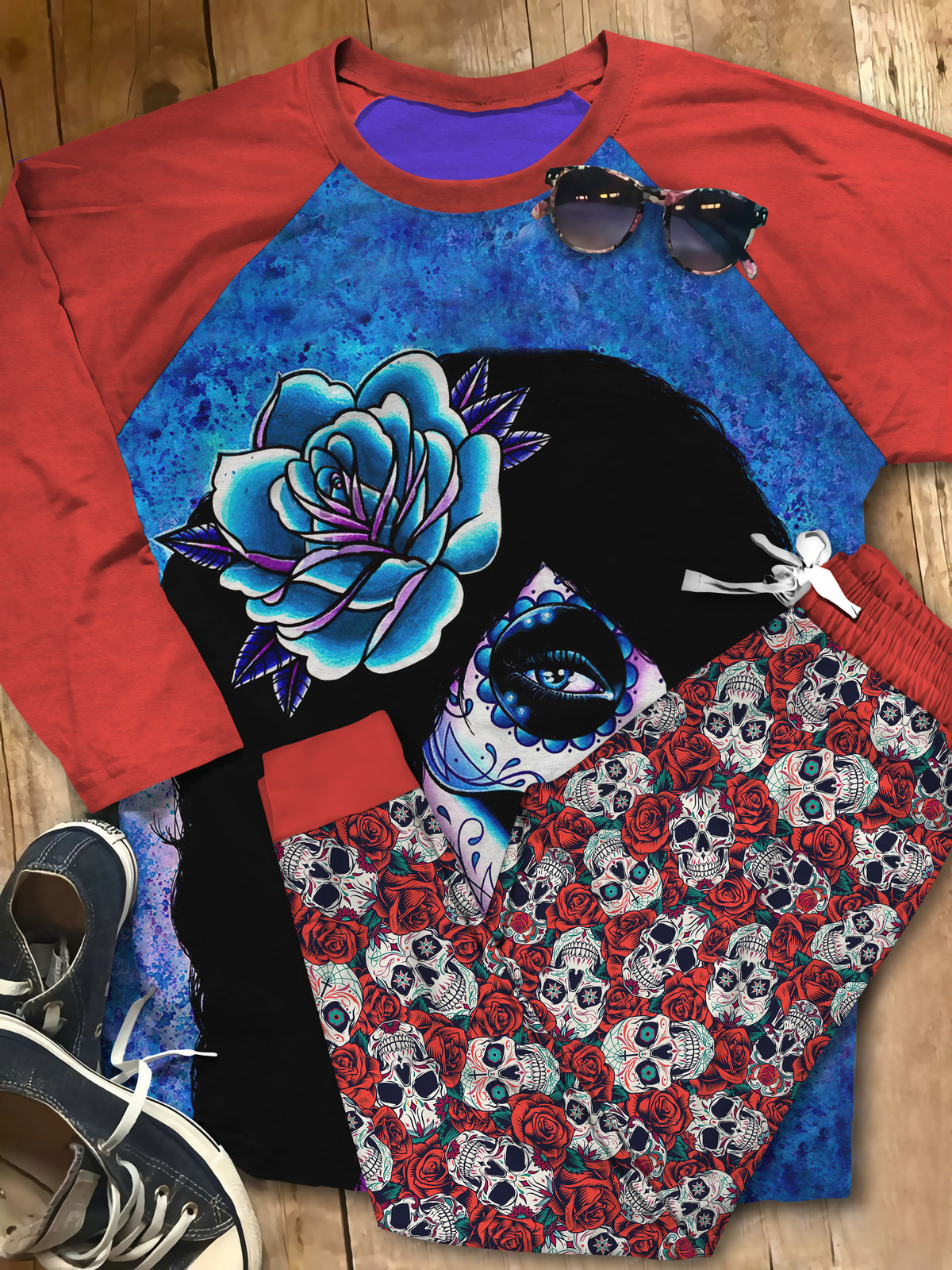 Day Of The Dead Happy Sugar Skull Pajama Set |Sleepwear Pjs Sets | Raglan Shirt Pants Set