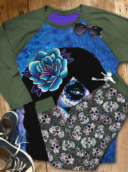 Day Of The Dead Happy Sugar Skull Pajama Set |Sleepwear Pjs Sets | Raglan Shirt Pants Set
