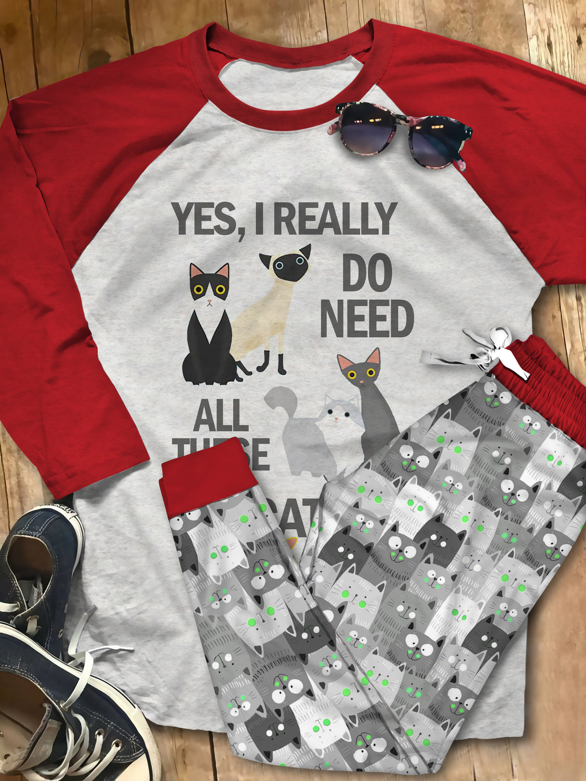 Cat Need All These Cat Pajama Set |Sleepwear Pjs Sets | Raglan Shirt Pants Set