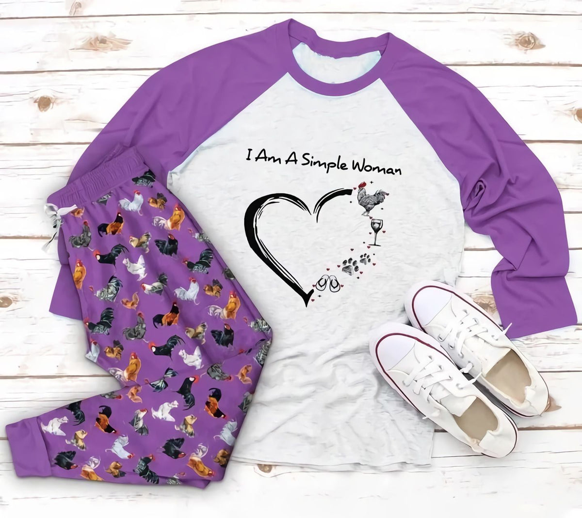 Chicken I Am A Simple Woman Aap Pajama Set |Sleepwear Pjs Sets | Raglan Shirt Pants Set