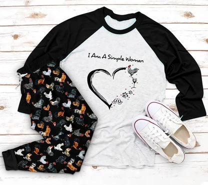 Chicken I Am A Simple Woman Aap Pajama Set |Sleepwear Pjs Sets | Raglan Shirt Pants Set