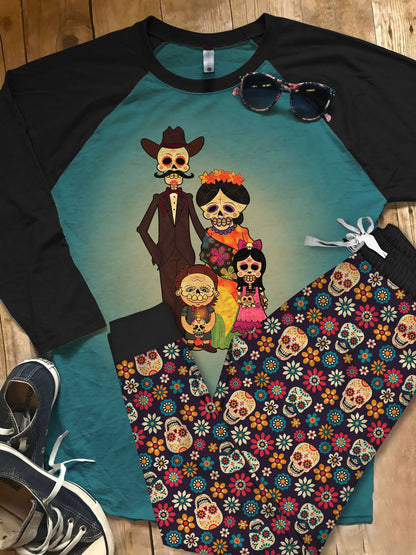 Day Of The Dead Happy Sugar Skull Pajama Set |Sleepwear Pjs Sets | Raglan Shirt Pants Set