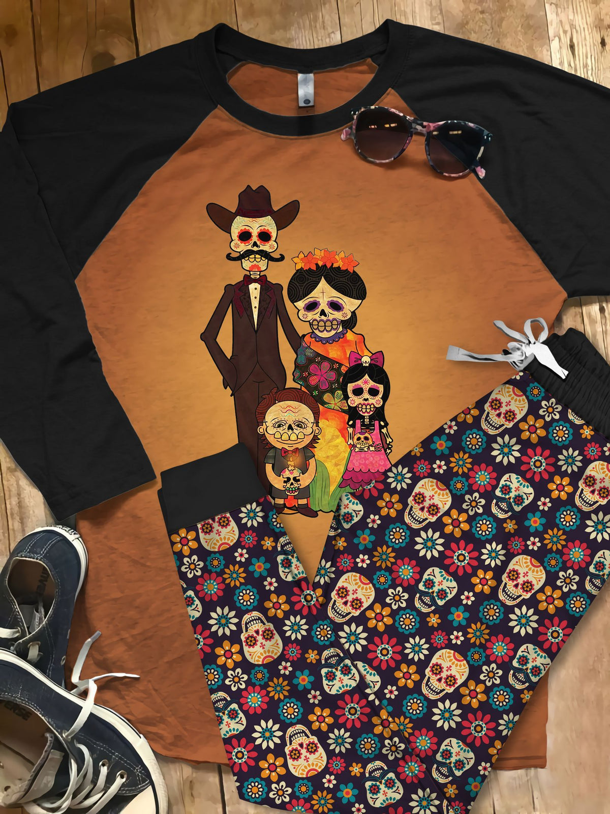Day Of The Dead Happy Sugar Skull Pajama Set |Sleepwear Pjs Sets | Raglan Shirt Pants Set