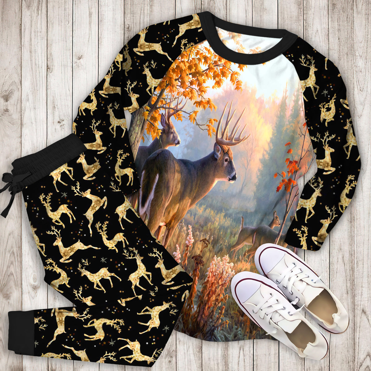 Deer Pajama Set | Pajamas | Cotton Sleepwear Sets | Soft Long Sleeve Pjs | Raglan Shirt and Pants Set