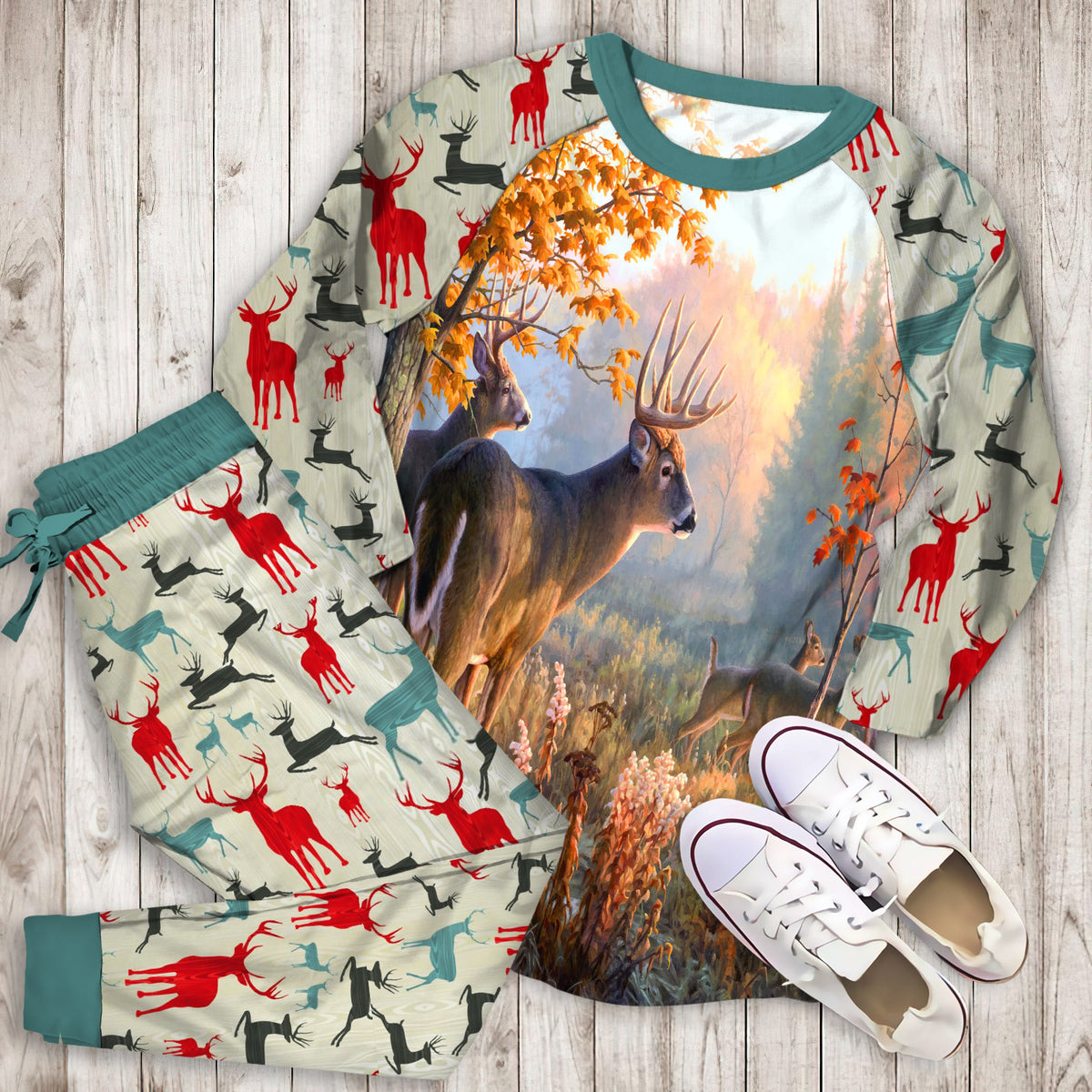 Deer Pajama Set | Pajamas | Cotton Sleepwear Sets | Soft Long Sleeve Pjs | Raglan Shirt and Pants Set