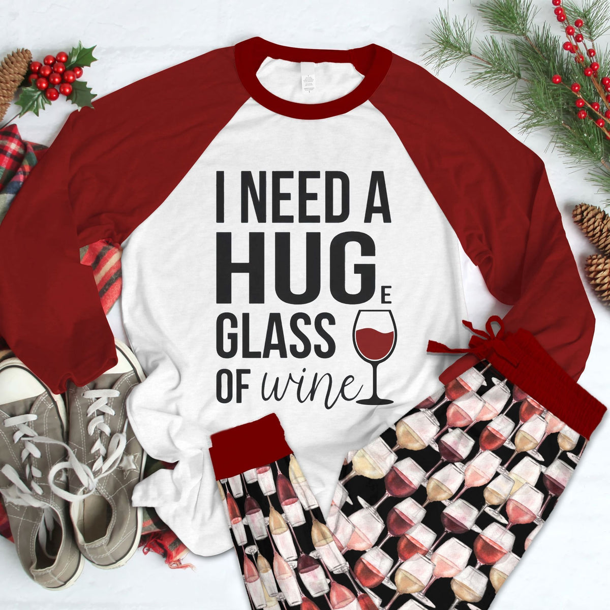 Wine Need A Hug Pajama Set |Sleepwear Pjs Sets | Raglan Shirt Pants Set