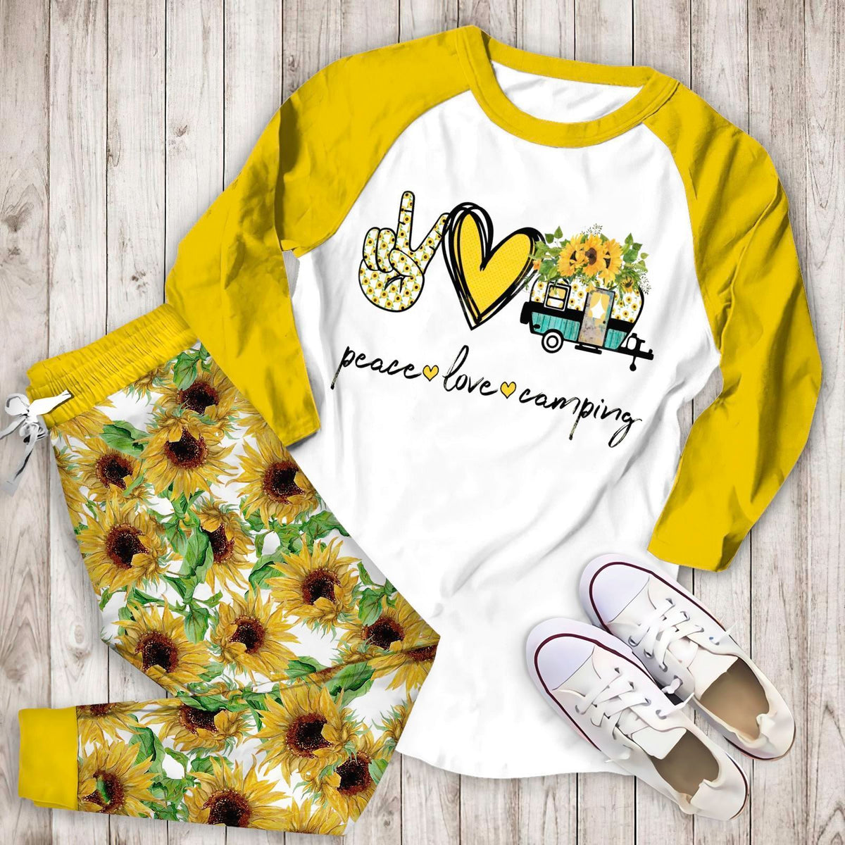 Camping Sunflower Pattern Aak Pajama Set |Sleepwear Pjs Sets | Raglan Shirt Pants Set