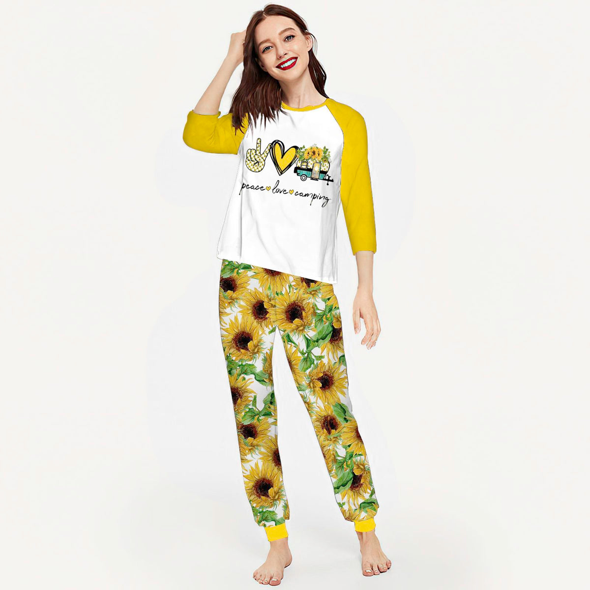 Camping Sunflower Pattern Aak Pajama Set |Sleepwear Pjs Sets | Raglan Shirt Pants Set