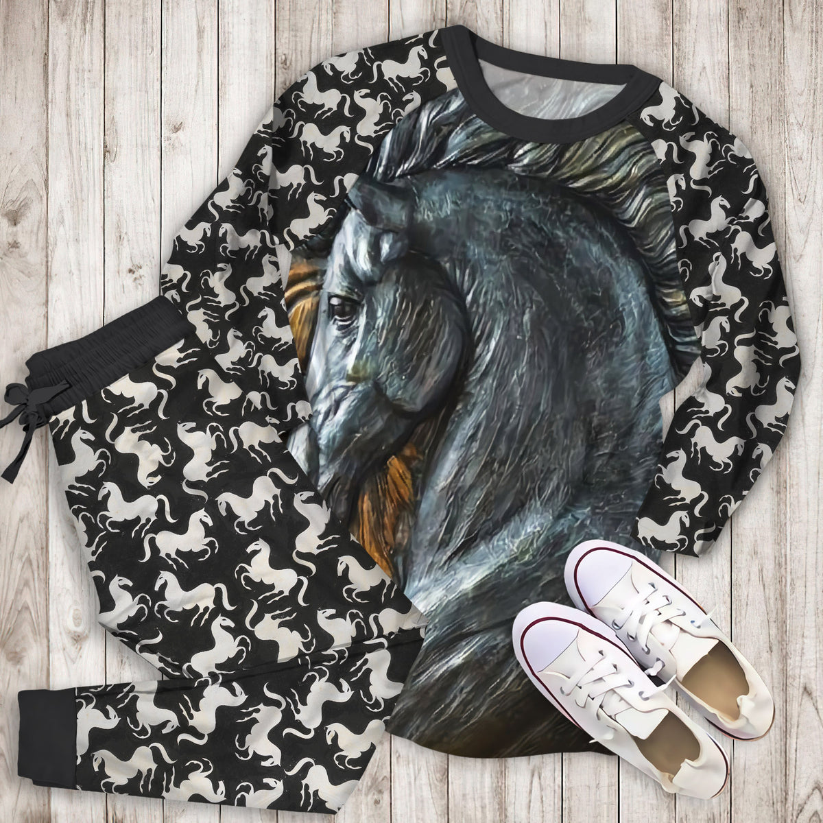 Horse Pajama Set | Pajamas | Cotton Sleepwear Sets | Soft Long Sleeve Pjs | Raglan Shirt and Pants Set
