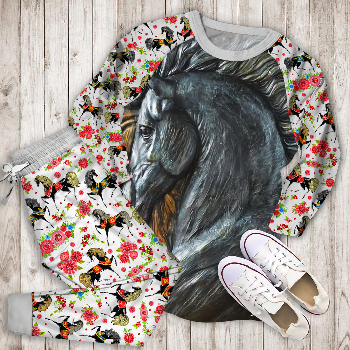 Horse Pajama Set | Pajamas | Cotton Sleepwear Sets | Soft Long Sleeve Pjs | Raglan Shirt and Pants Set