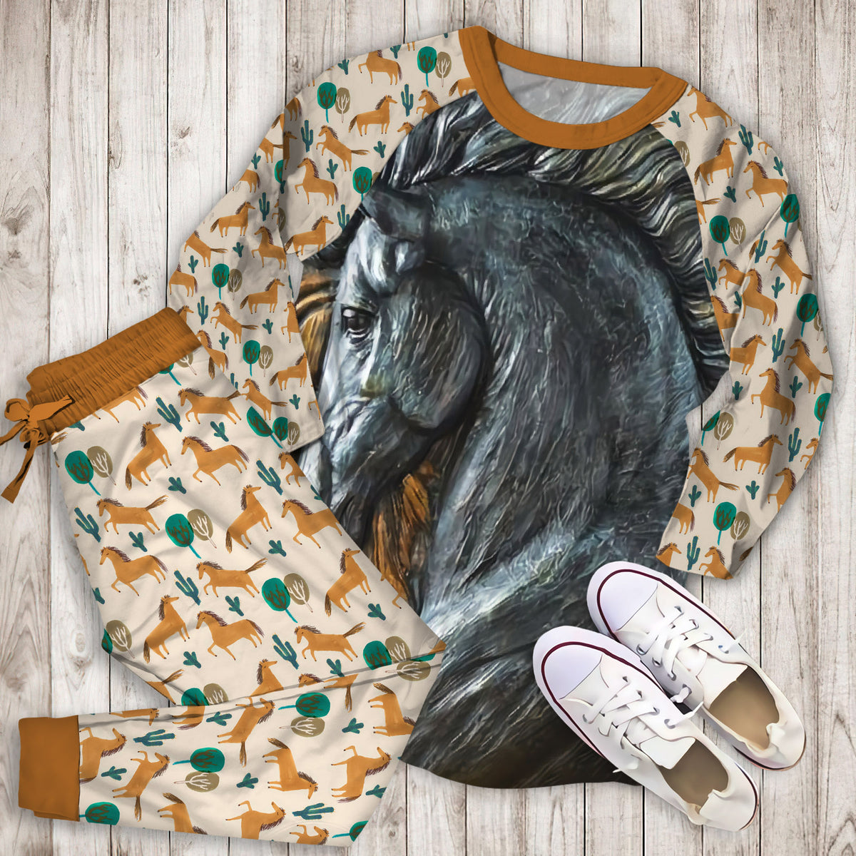 Horse Pajama Set | Pajamas | Cotton Sleepwear Sets | Soft Long Sleeve Pjs | Raglan Shirt and Pants Set