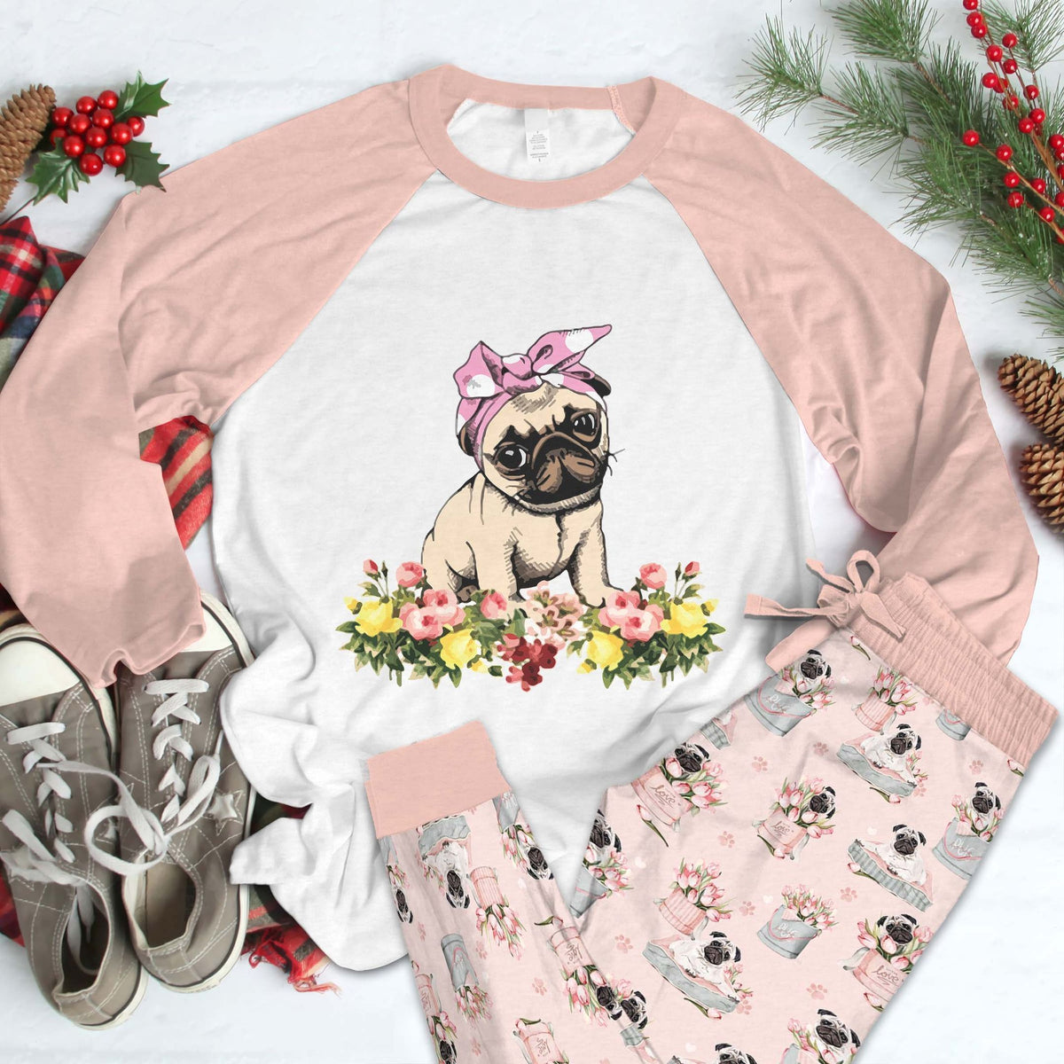 Pug Flower Pajama Set |Sleepwear Pjs Sets | Raglan Shirt Pants Set