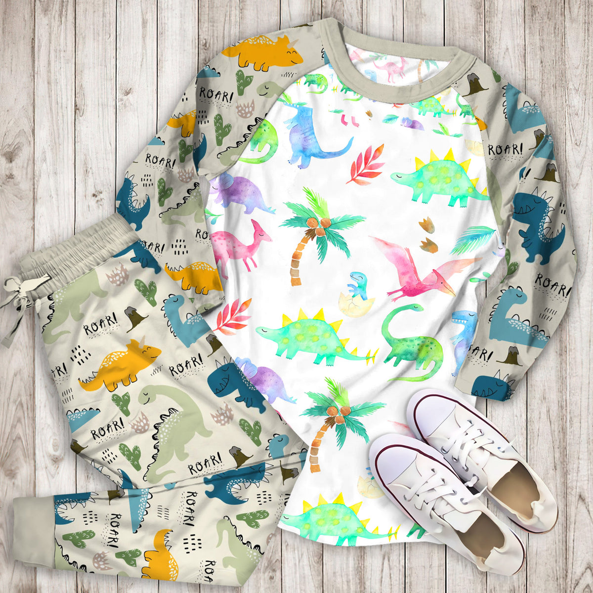 Dinosaur Pajama Set | Pajamas | Cotton Sleepwear Sets | Soft Long Sleeve Pjs | Raglan Shirt and Pants Set