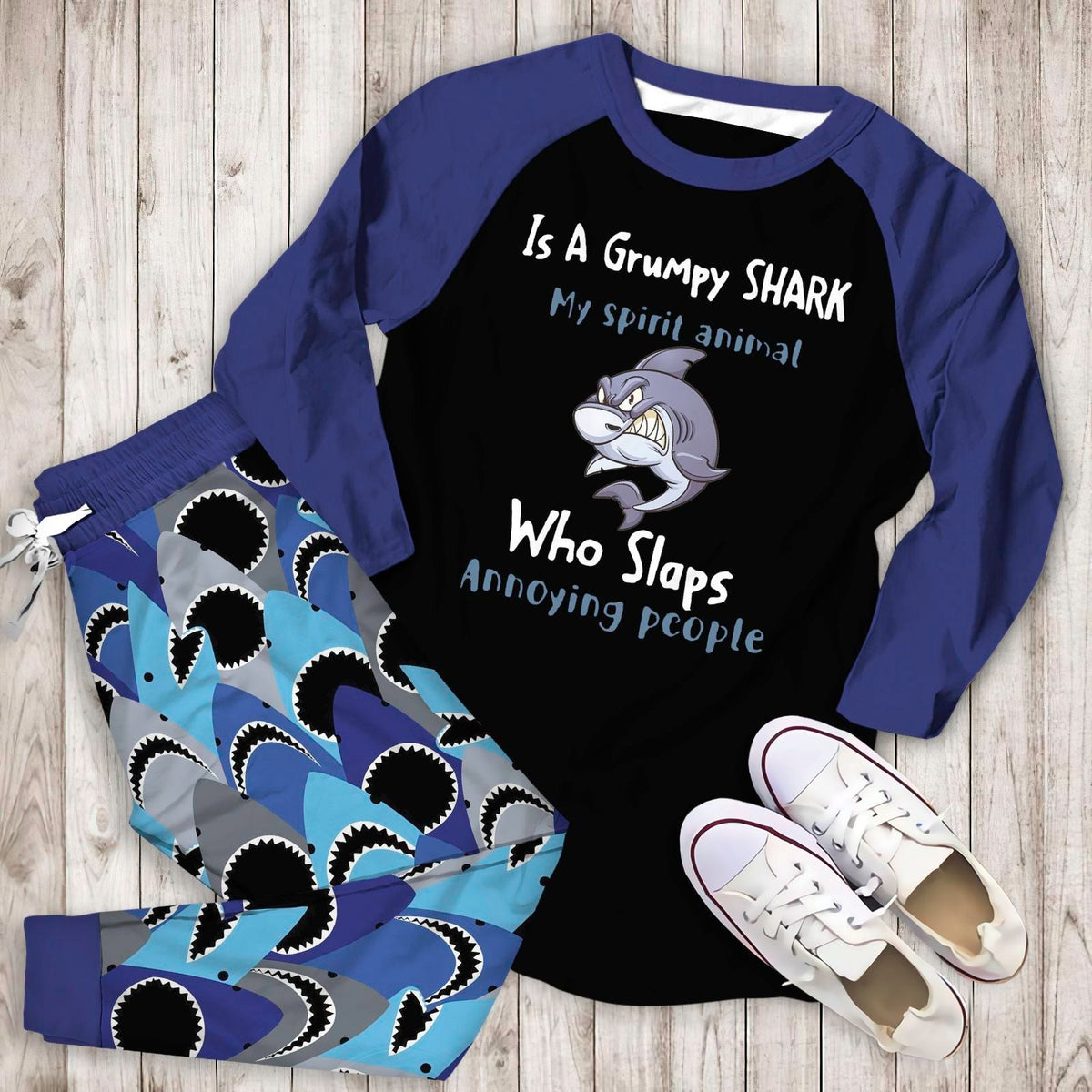 Shark Grumpy Shark Abv Pajama Set |Sleepwear Pjs Sets | Raglan Shirt Pants Set