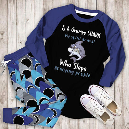 Shark Grumpy Shark Abv Pajama Set |Sleepwear Pjs Sets | Raglan Shirt Pants Set