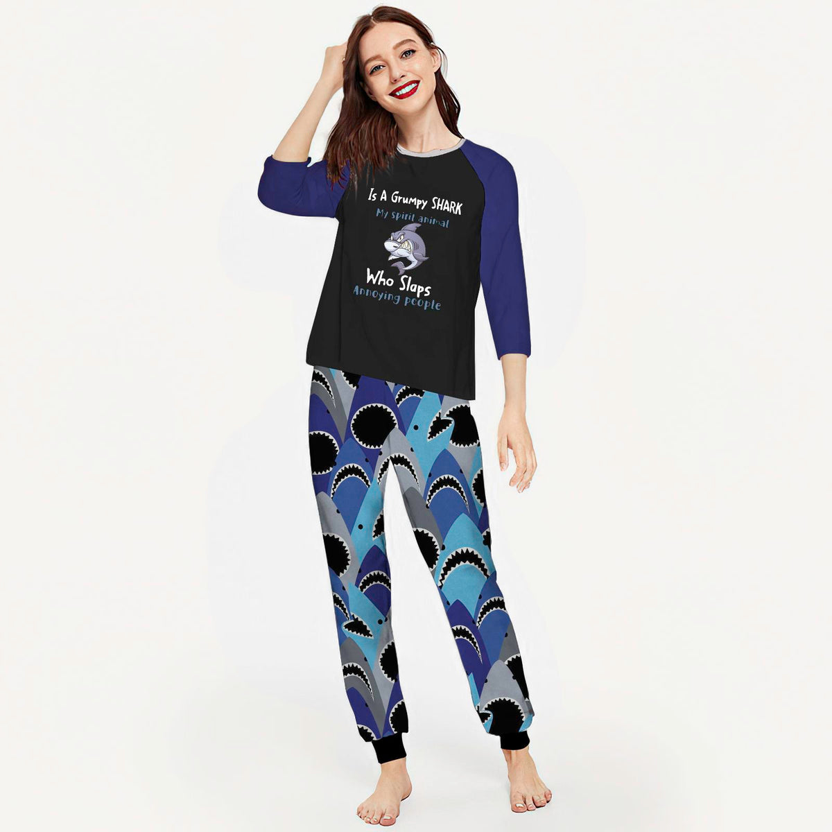 Shark Grumpy Shark Abv Pajama Set |Sleepwear Pjs Sets | Raglan Shirt Pants Set