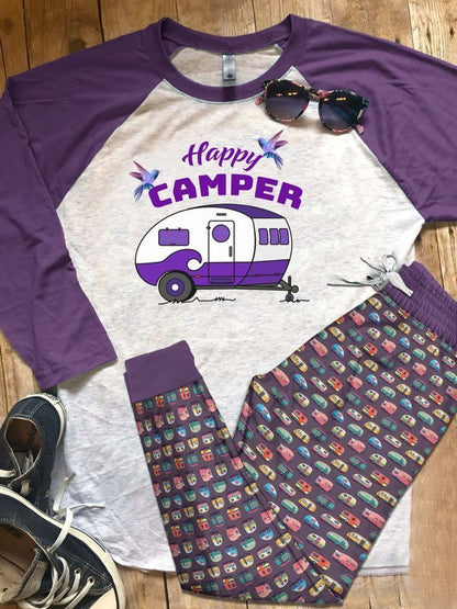 Camping Happy Pajama Set |Sleepwear Pjs Sets | Raglan Shirt Pants Set