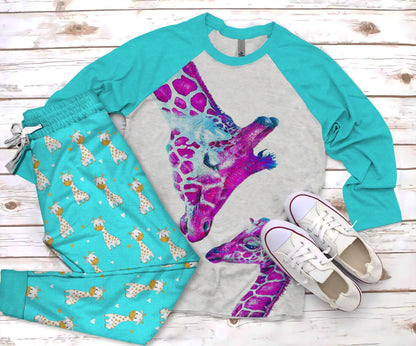 Giraffe You So High Pajama Set |Sleepwear Pjs Sets | Raglan Shirt Pants Set