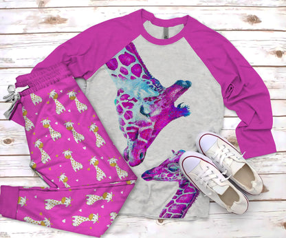 Giraffe You So High Pajama Set |Sleepwear Pjs Sets | Raglan Shirt Pants Set