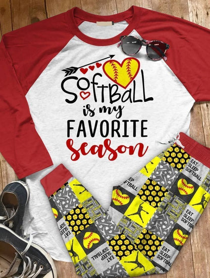 Softball Softball Is My Favorite Season Abq Pajama Set |Sleepwear Pjs Sets | Raglan Shirt Pants Set