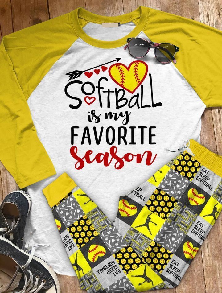 Softball Softball Is My Favorite Season Abq Pajama Set |Sleepwear Pjs Sets | Raglan Shirt Pants Set
