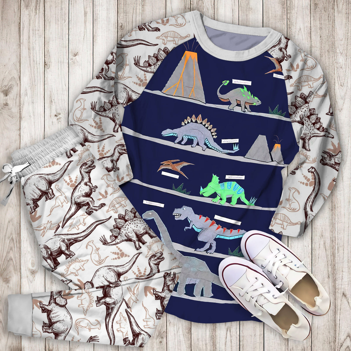 Warren Dinosaur Pajama Set | Pajamas | Cotton Sleepwear Sets | Soft Long Sleeve Pjs | Raglan Shirt and Pants Set