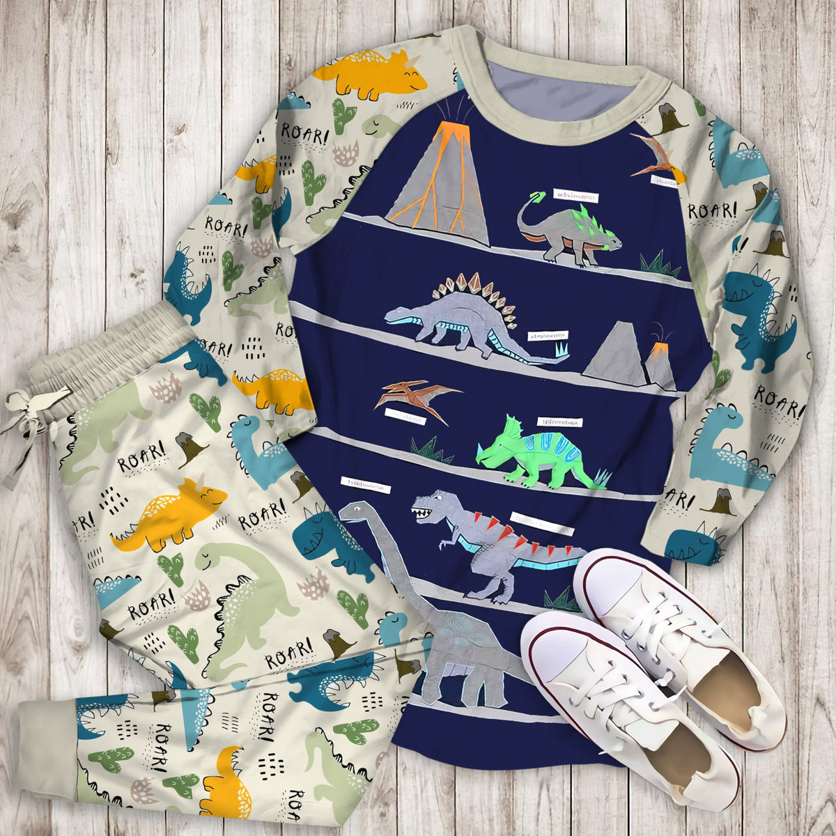 Warren Dinosaur Pajama Set | Pajamas | Cotton Sleepwear Sets | Soft Long Sleeve Pjs | Raglan Shirt and Pants Set