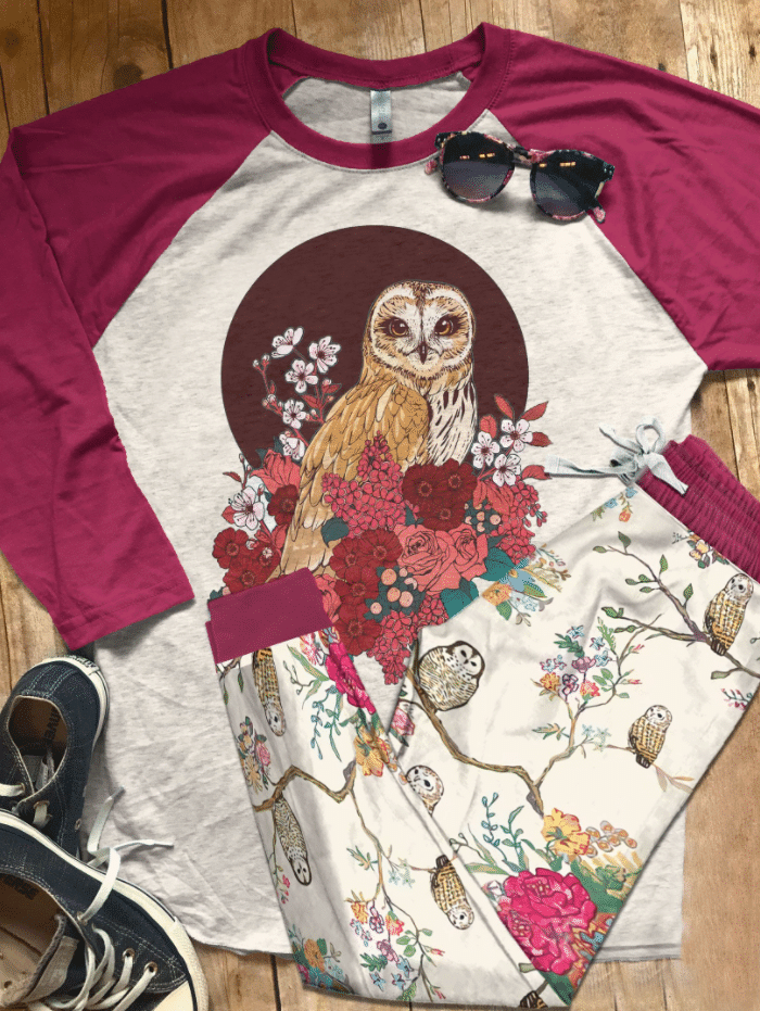 Owl Flowery Pajama Set |Sleepwear Pjs Sets | Raglan Shirt Pants Set