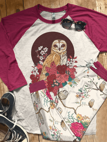 Owl Flowery Pajama Set |Sleepwear Pjs Sets | Raglan Shirt Pants Set