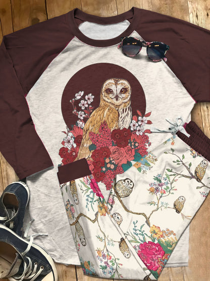 Owl Flowery Pajama Set |Sleepwear Pjs Sets | Raglan Shirt Pants Set