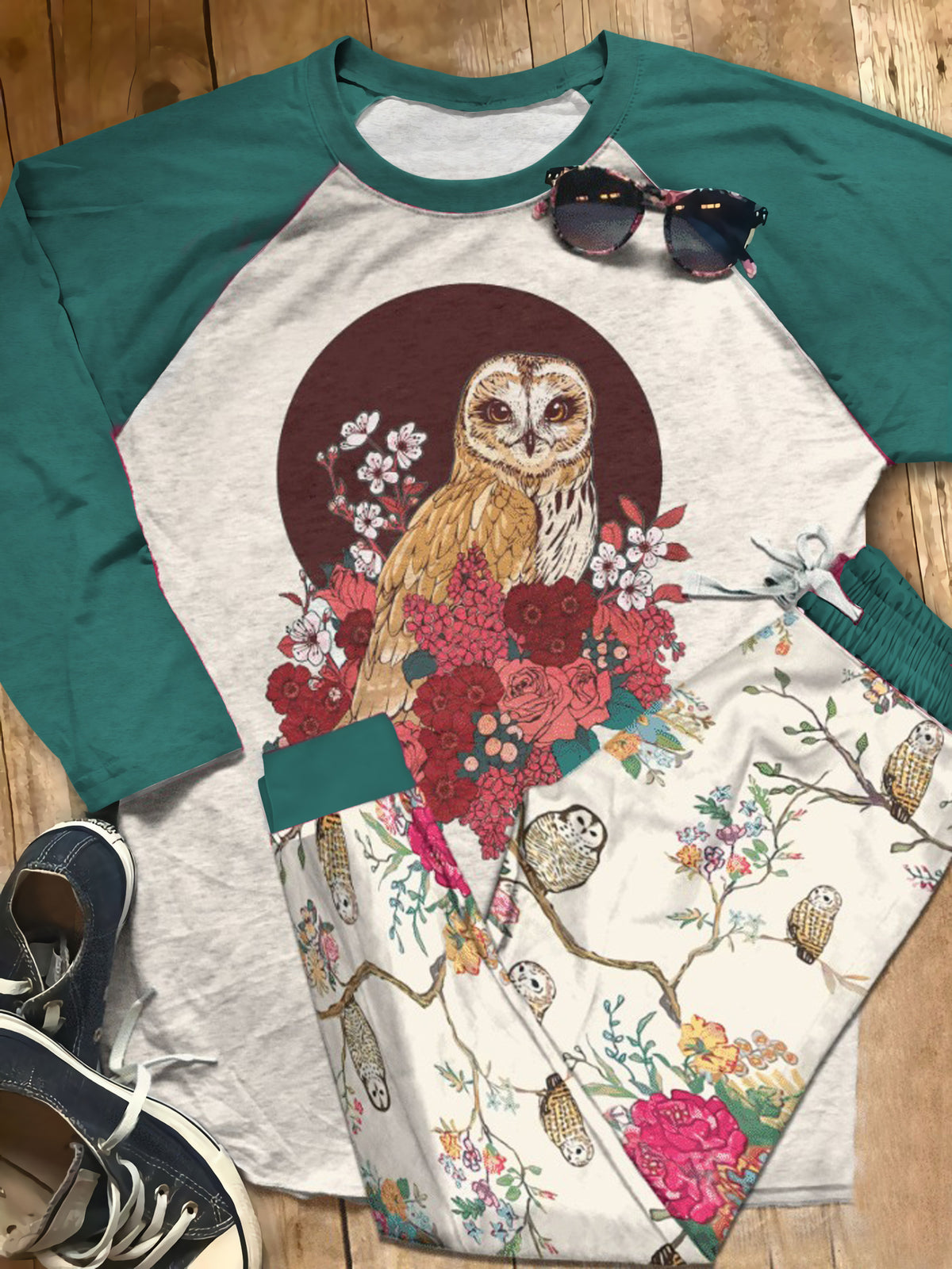 Owl Flowery Pajama Set |Sleepwear Pjs Sets | Raglan Shirt Pants Set