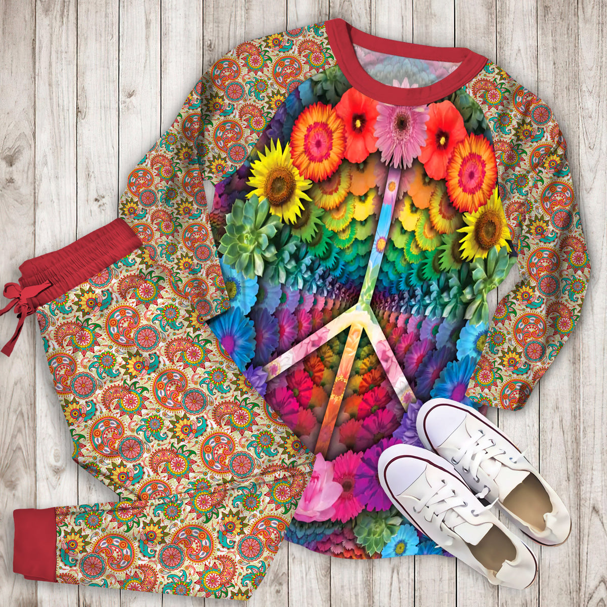 Hippie Psychedelic Spiritual Pajama Set |Sleepwear Pjs Sets | Raglan Shirt Pants Set