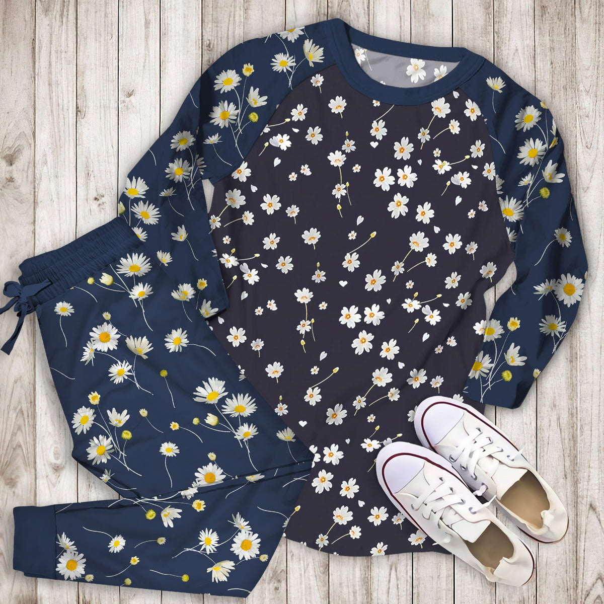 Daisy Flower Pajama Set | Pajamas | Cotton Sleepwear Sets | Soft Long Sleeve Pjs | Raglan Shirt and Pants Set