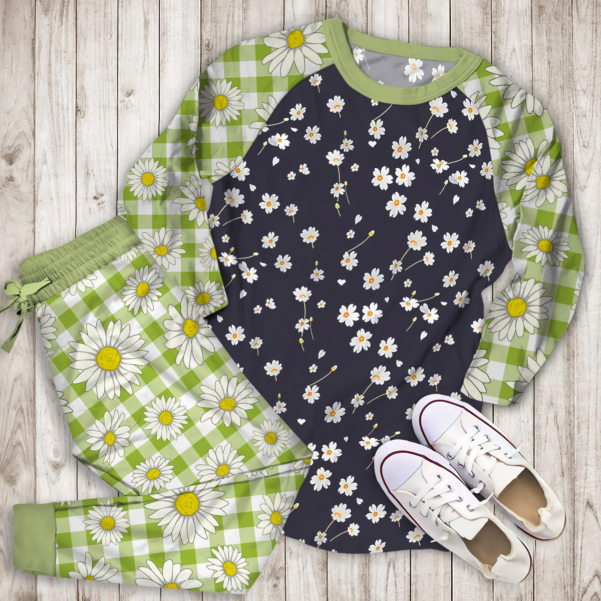 Daisy Flower Pajama Set | Pajamas | Cotton Sleepwear Sets | Soft Long Sleeve Pjs | Raglan Shirt and Pants Set